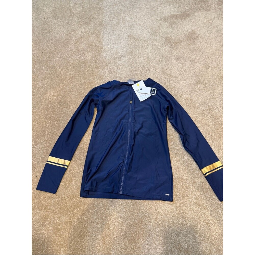 Men's Navy Long-Sleeve Swim Rash Guard with Gold Sleeve Stripes